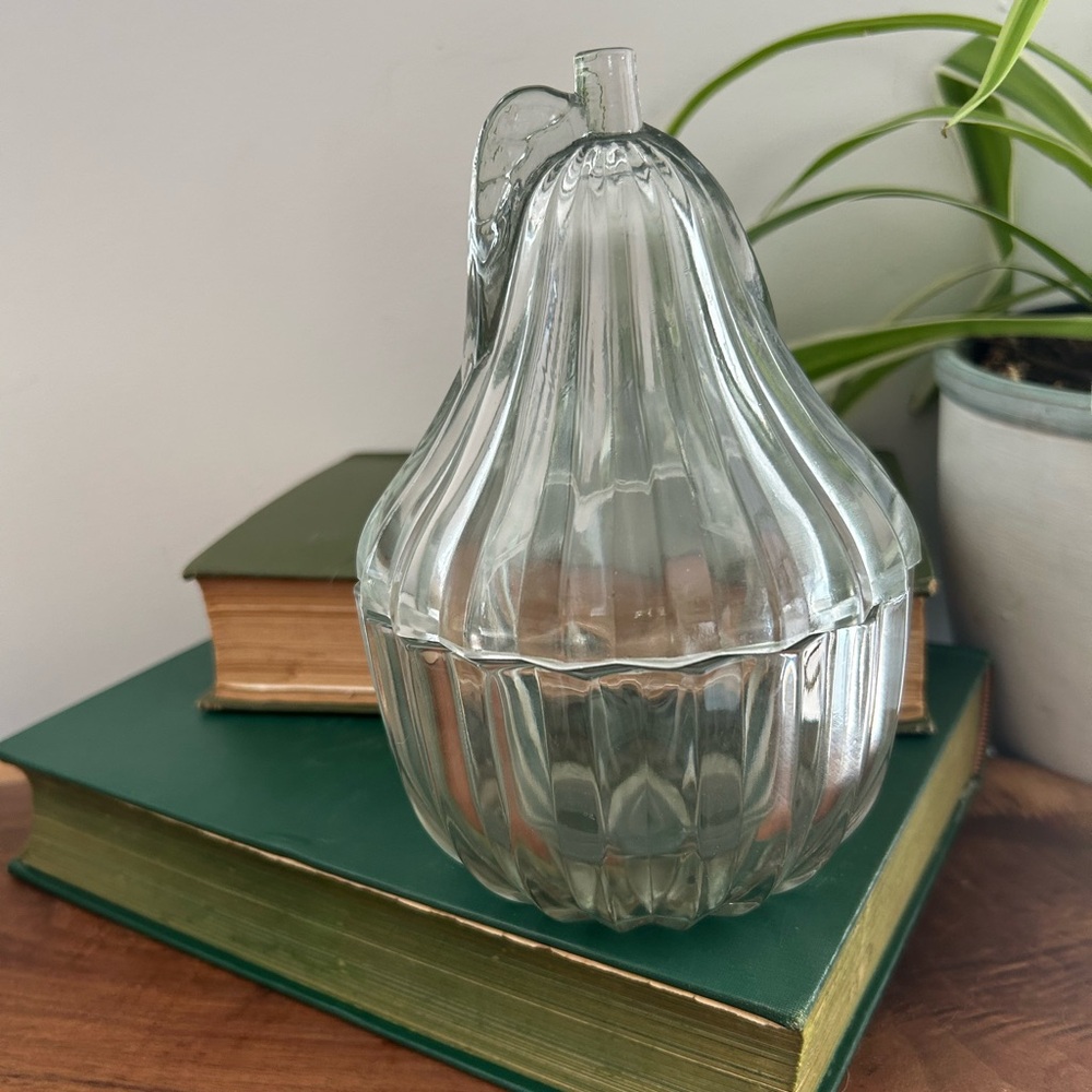 Vintage Clear Ribbed Glass Pear Shaped Covered Jar / Candy Dish with Lid